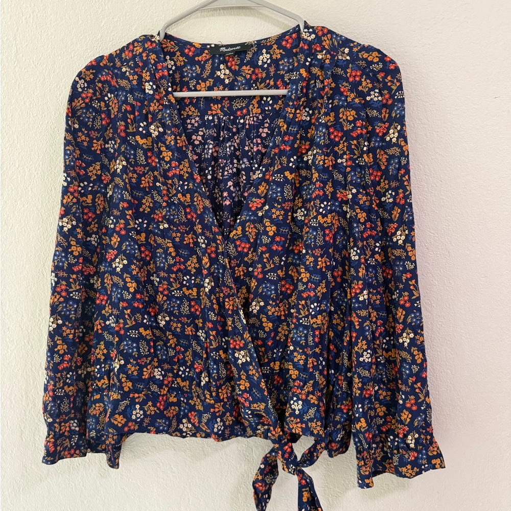 Madewell Navy Floral Tie-Front Wrap Blouse Size Large